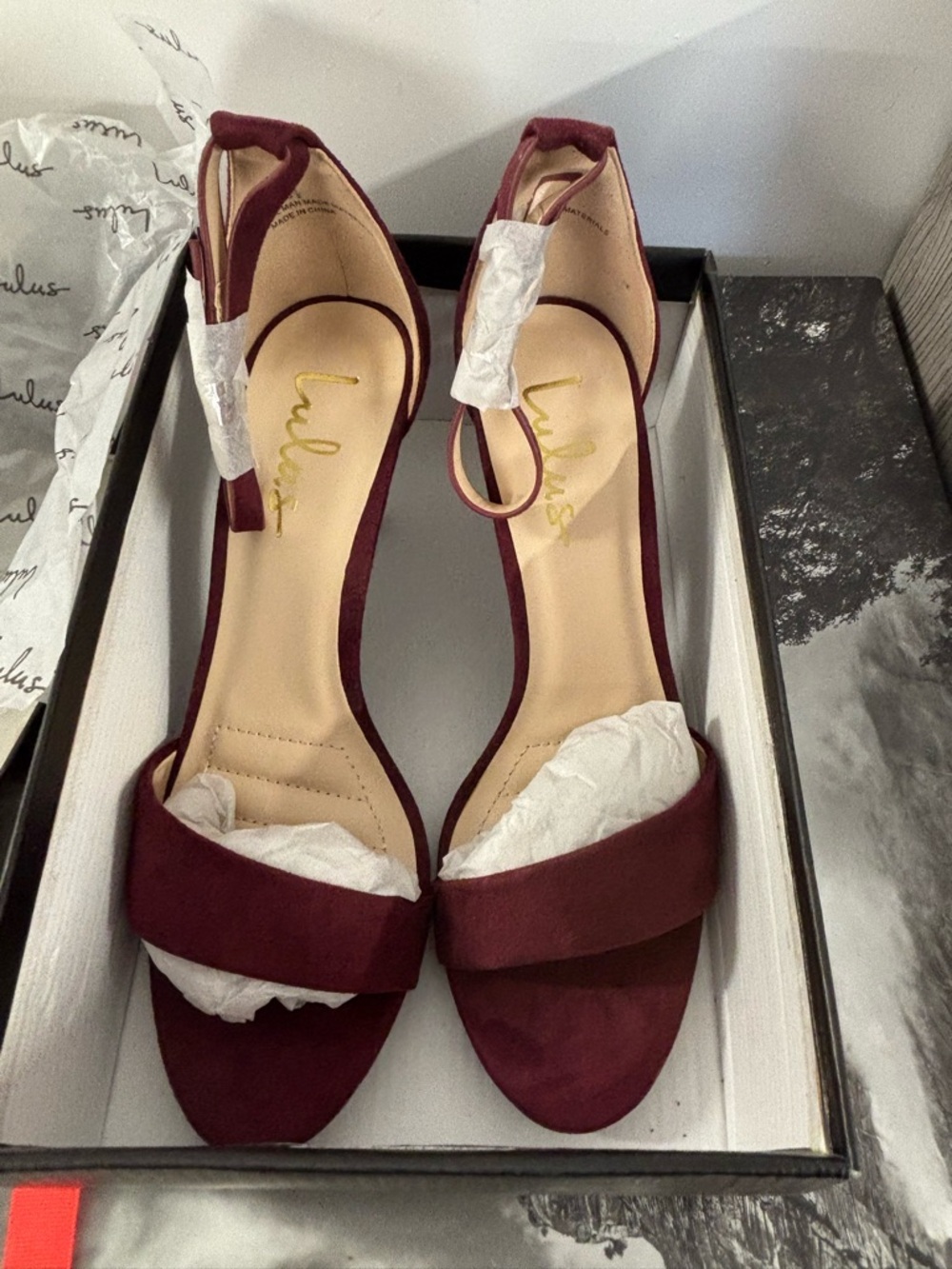 Lulu's Burgundy Open-Toe Ankle Strap Block Heels